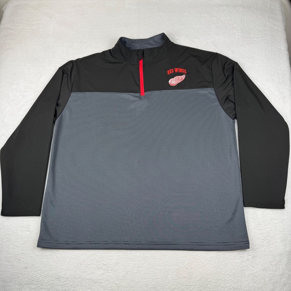 NHL Detroit Red Wings Quarter Zip Pullover Mens XL Black Grey Striped Logo